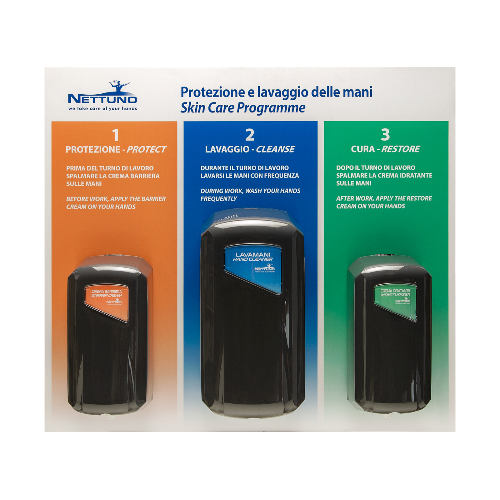 Pannello “3 in 1” + 2 dispenser 800 ml + 1 dispenser 2000 ml (già montati) + viti